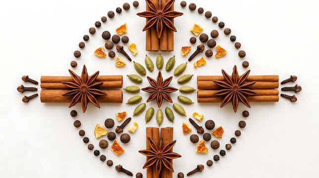 Star anise cinnamon cloves and cardamom arranged in a circular mandala pattern