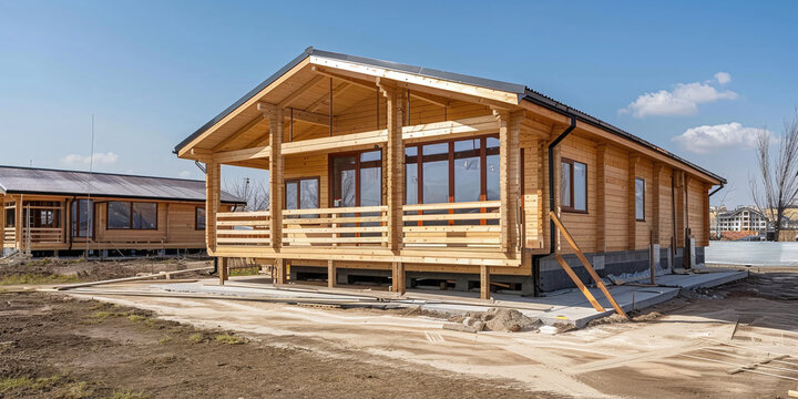 Modern modular wooden house under construction on a sunny day with clear blue sky backdrop, showcasing sustainable architecture, prefab timber framing, and eco-friendly real estate development project