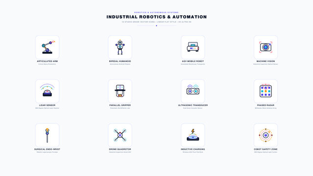 Autonomous robotics and drone linear vector icons set, industrial robotic arms, automated navigation engineering symbols.