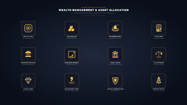 Private wealth management and asset allocation icons set, retirement compound growth, treasury bonds portfolio symbols.