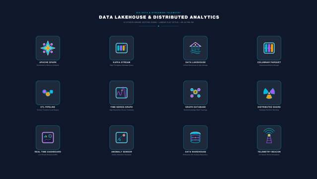 Big data lakehouse telemetry analytics icons set, distributed stream processing, columnar database query engine symbols.