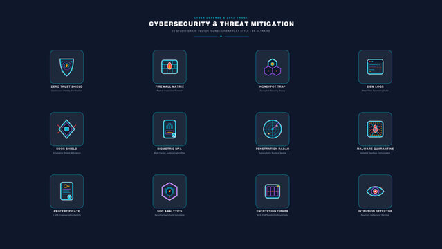Cybersecurity zero trust perimeter network icons set, encryption cryptographic keys, security breach mitigation symbols.