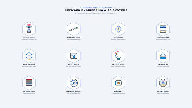 Telecommunication 5G network engineering icons set, optical fiber patch cables, beamforming wireless antenna symbols.