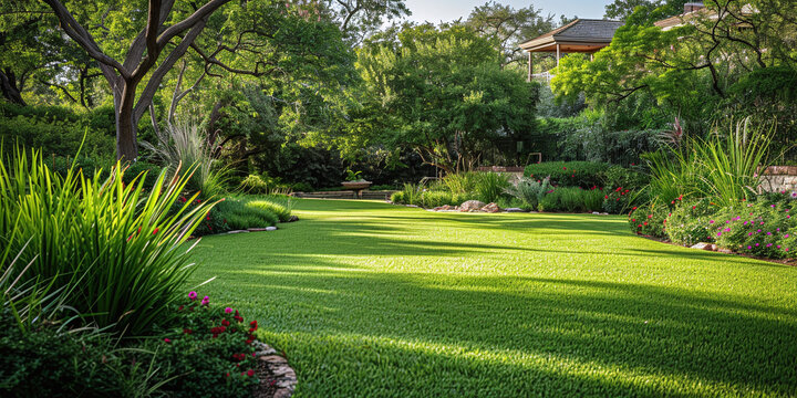 Professional lawn care service showcasing lush green grass, healthy turf, beautiful garden landscaping, mature trees, ornamental plants, vibrant foliage, tranquil outdoor setting, perfect manicured ya
