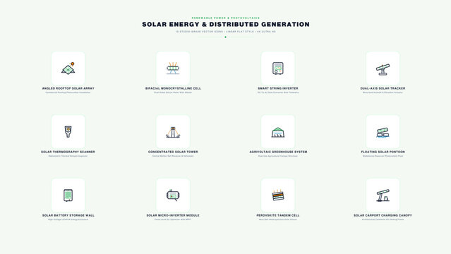 Solar photovoltaic renewable energy icons set, angled rooftop panel arrays, microinverter clean power storage symbols.