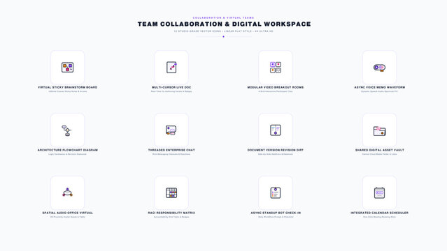 Team collaboration virtual workspace icons set, digital whiteboard sticky notes, asynchronous voice video memo symbols.