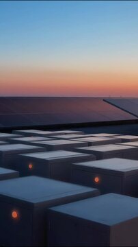Solar panels array installation at sunset rooftop for sustainable renewable energy production
