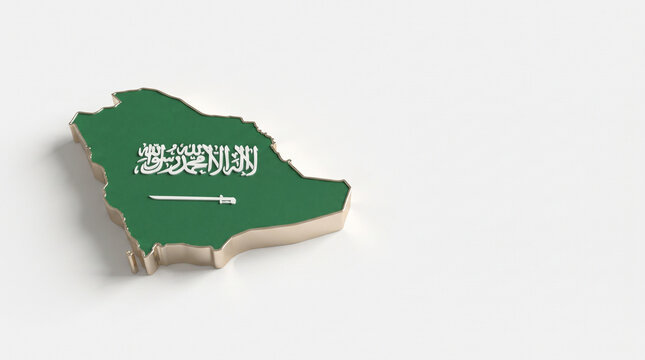 3D Saudi Arabia Map with National Flag Texture and Gold Border on White Background