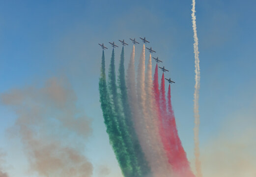Lido di Jesolo, Italy - The Italian military aerobatic team Frecce Tricolori performs a display during the Jesolo AirShow. Italy
