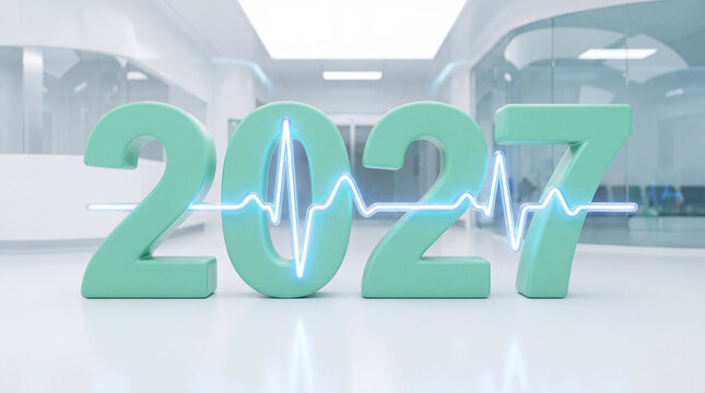 Mint green numbers two thousand twenty seven with glowing medical cardiogram wave in a clean modern hospital interior. Cardiology concept, healthcare center, medical care.