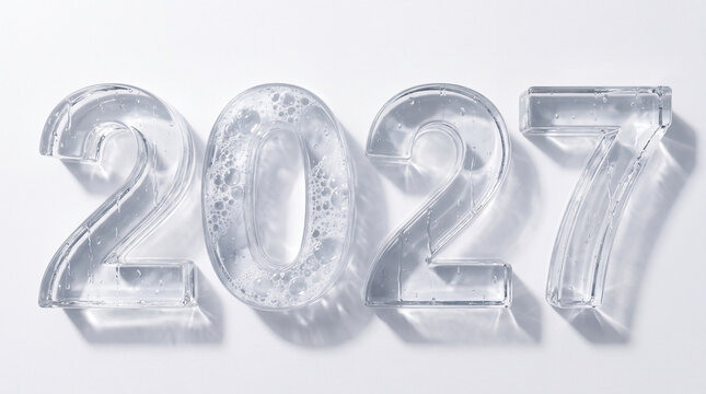 Transparent glass numbers two thousand twenty seven covered with sparkling soapy foam bubbles on a white background. Professional cleaning service, spotless house.