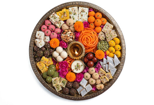 Top view of a traditional indian diwali sweets platter isolated on white background