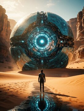 Man stands alone in desert facing giant futuristic metallic sphere. Huge sci-fi orb glows with blue light in rocky canyon landscape. Person discovers mysterious alien tech structure near water puddle