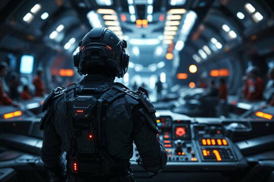 Futuristic soldier in a helmet and headset seen from behind in a spaceship control room with glowing consoles