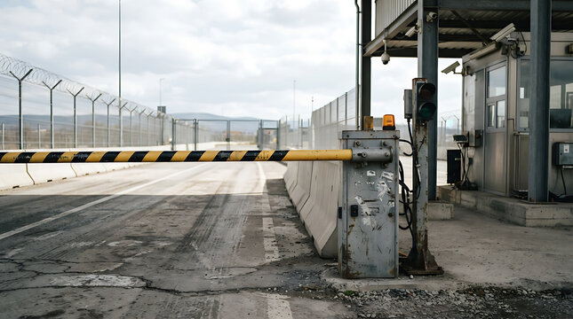 Border crossing checkpoint with barrier gate and security booth on a sunny day