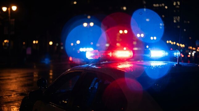 Flashing blue and red police lights create a bokeh effect against a dark night in an urban setting.