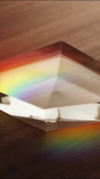 Crystal prism glass object creating rainbow light diffraction motion effect on wooden table