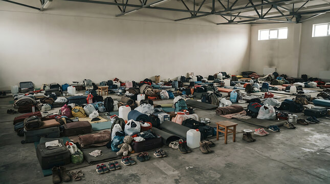 Inside a temporary refugee shelter, dozens of makeshift beds fill a large, austere hall, symbolizing the ongoing humanitarian crisis and displacement