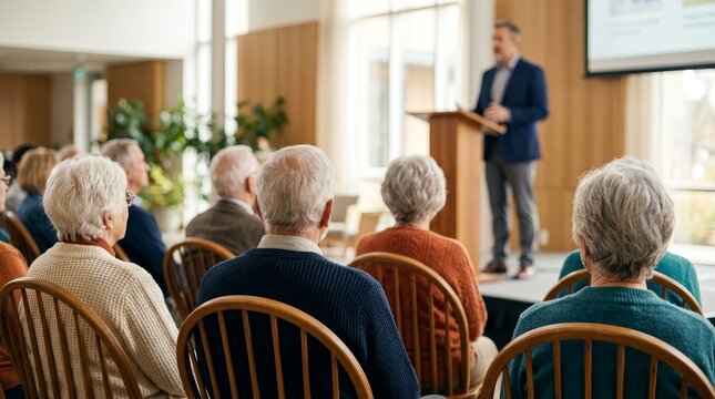 Senior citizens attending an emotional wellness seminar in a bright indoor community center.