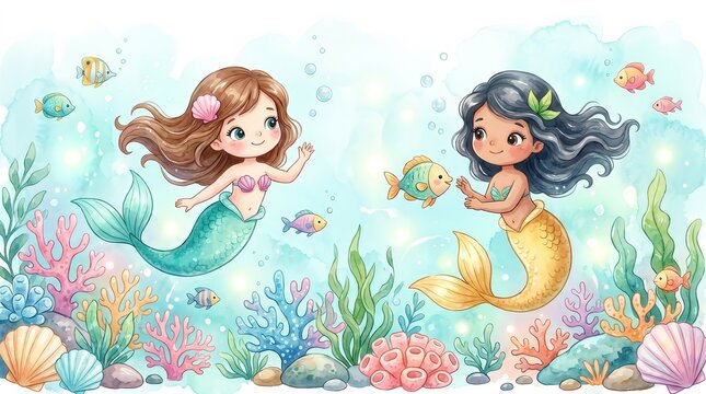 Watercolor underwater cartoon illustration of cute mermaids on a seabed with fish and sea plants.