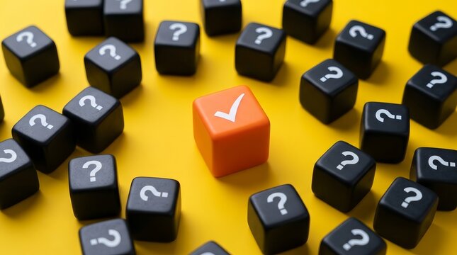 An orange check mark stands out among many black question mark cubes on a yellow background.