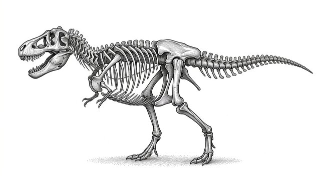 Vintage stipple engraving illustration of a T-Rex skeleton isolated on a white background.