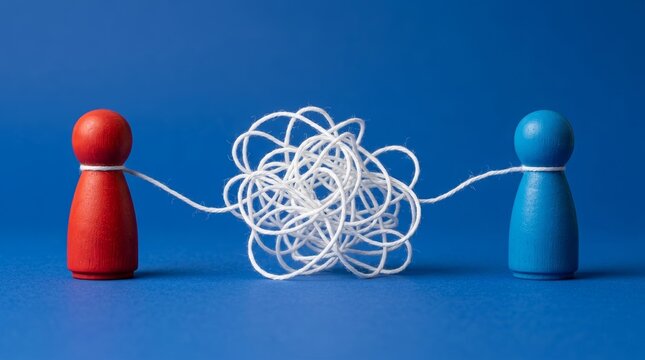 Two wooden figures connected by a tangled white string representing conflict and communication gaps.