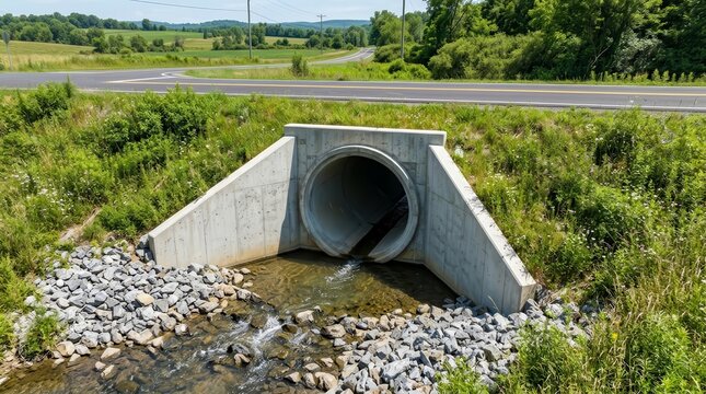 Concrete culvert placement beneath a rural roadway for efficient site drainage.