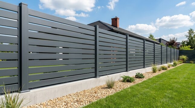 Modern anthracite slatted fence paneling installed on a concrete foundation.