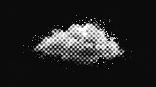 Monochrome stippled cloud shape composed of compact bitmap dots and pixel grain.