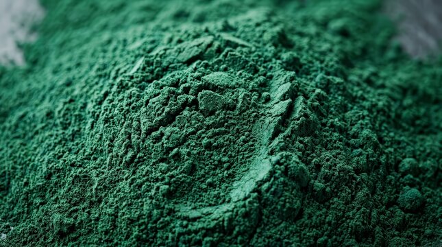 Macro closeup of a heap of green spirulina algae powder.