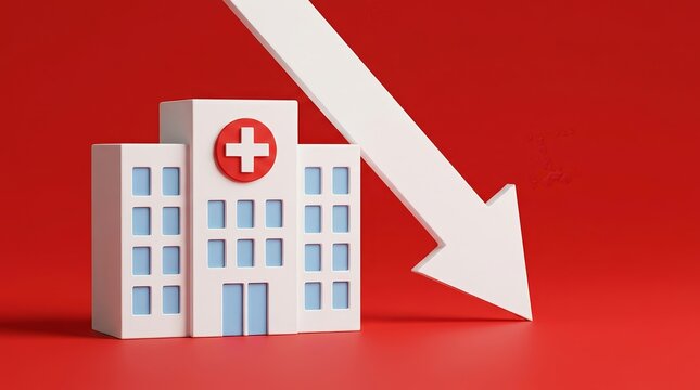 Hospital model with a downward arrow symbolizing reduced healthcare access.