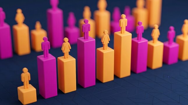 3D infographic showing higher life expectancy for women with colorful bars and human icons.
