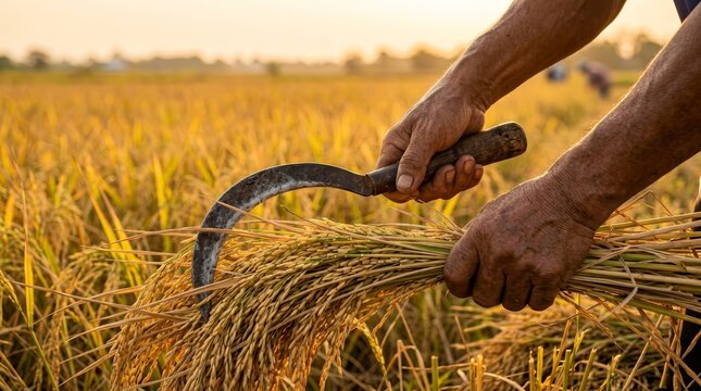 Hands skillfully using a sickle to cut mature rice stalks during harvest.