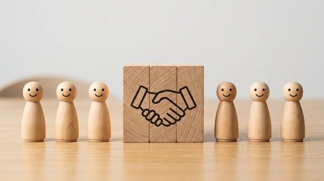 Wooden figures with smiling faces symbolizing collaboration and teamwork around a handshake icon.