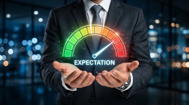Digital gauge indicator showing business expectation and performance measurement above a businessman's hand.