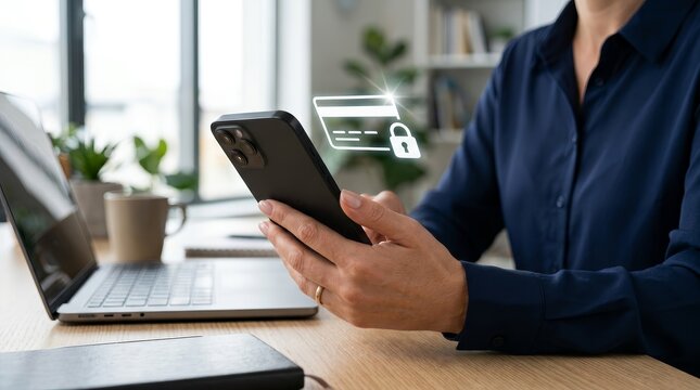 Person using a smartphone to freeze a digital credit card via a secure mobile banking app.