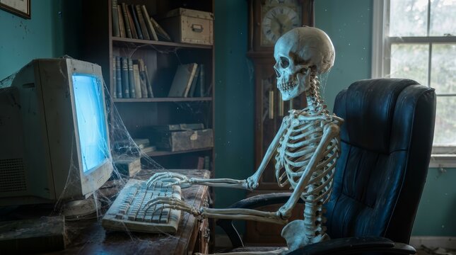 Skeleton sitting at an office desk with a cobweb covered computer and workstation.