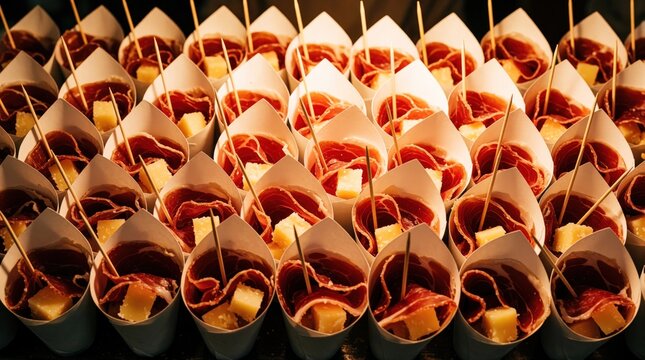 Rows of small paper cones hold thinly sliced cured ham and cheese cubes. Toothpicks secure bite sized portions of tapas ready for serving. Spanish appetizer party food presentation is neat.