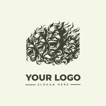 Vintage style illustration of laughing demons and skulls in flames for logo design.