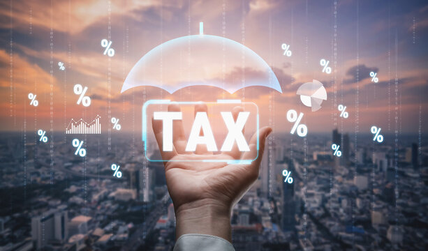 Conceptual image showing hand holding umbrella symbolizing tax protection, with urban skyline and percentage symbols, representing finance and business uncertainty. Sentient.