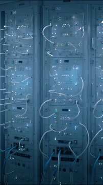 Server rack hardware with blinking lights and connected data cables in a modern data center