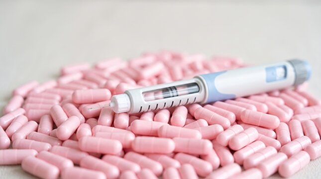 Modern medical injection pen with exposed needle resting on pink capsules, representing injectable drug therapy