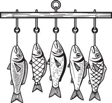 Fish stringer (fishing gear and equipment) Simple Hand-drawn Sketch Doodle Drawing Vector Illustration, Black and white Line Linear Isolated Art