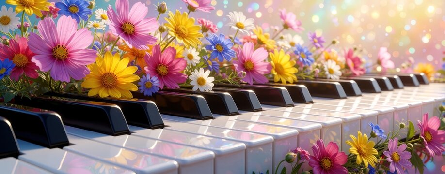 Vibrant colorful flowers grow between piano keys. Spring blossoms mix with musical notes on white keyboard. Artistic floral melody concept features bright petals, summer garden. Beautiful nature