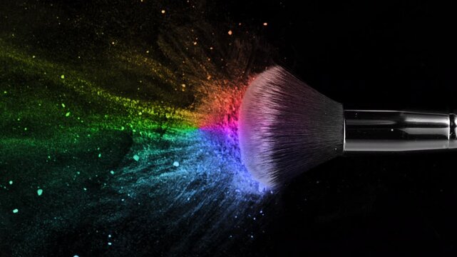 Colorful Makeup Powder Falling from Cosmetic Brush in Super Slow Motion at 1000 fps.