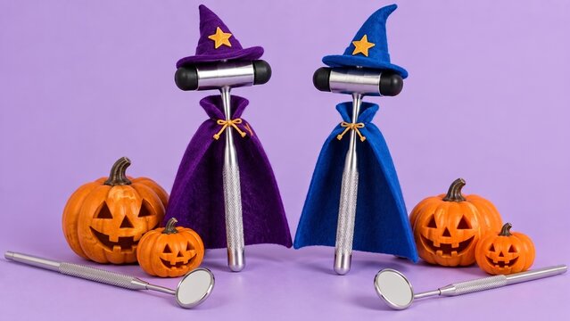 Medical Reflex Hammers Dressed in Wizard Costumes with Jack-O'-Lanterns and Dental Mirrors, Creative Halloween Theme for Healthcare Professionals