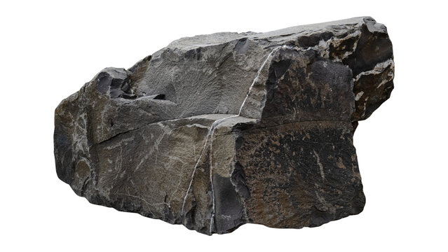 Large heavy dark grey rock isolated on white background with weathered mountain landscape isolated background