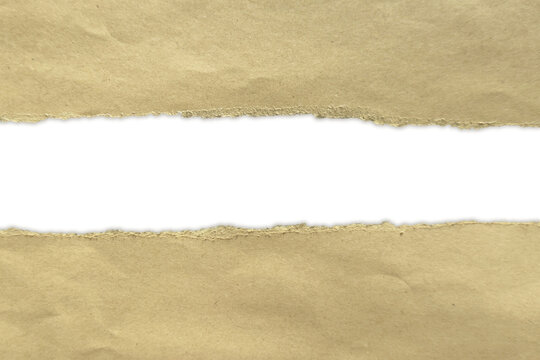 Rustic kraft torn paper texture with a blank horizontal opening for organic designs on a transparent background