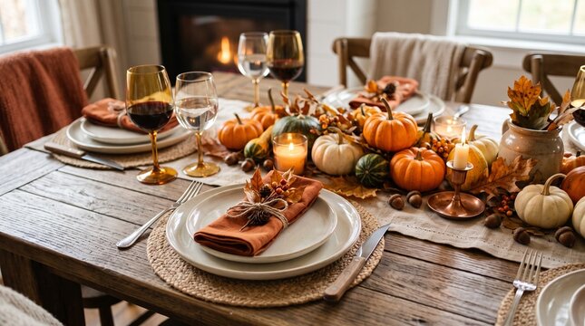 Beautiful festive thanksgiving dinner table setting with pumpkins candles and wine glasses in a cozy home dining room